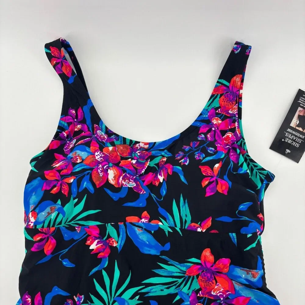 Shore Shapes Swimdress Women 16 Black Floral‎ New Asymmetrical Side Cinch sides